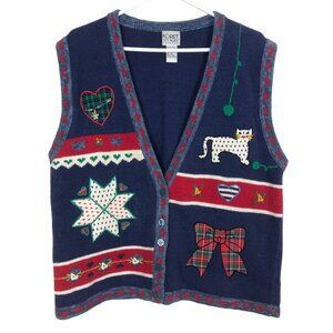 Vtg Koret City Blues Petites Cat & Hearts Knit Cardigan Vest Sz Medium Petite